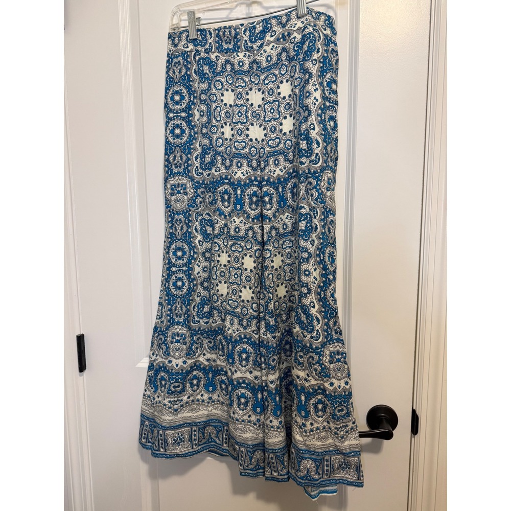 FeatherBone Anthropologie Paisley Wide Leg Palazzo Pant Blue White Linen Blend S